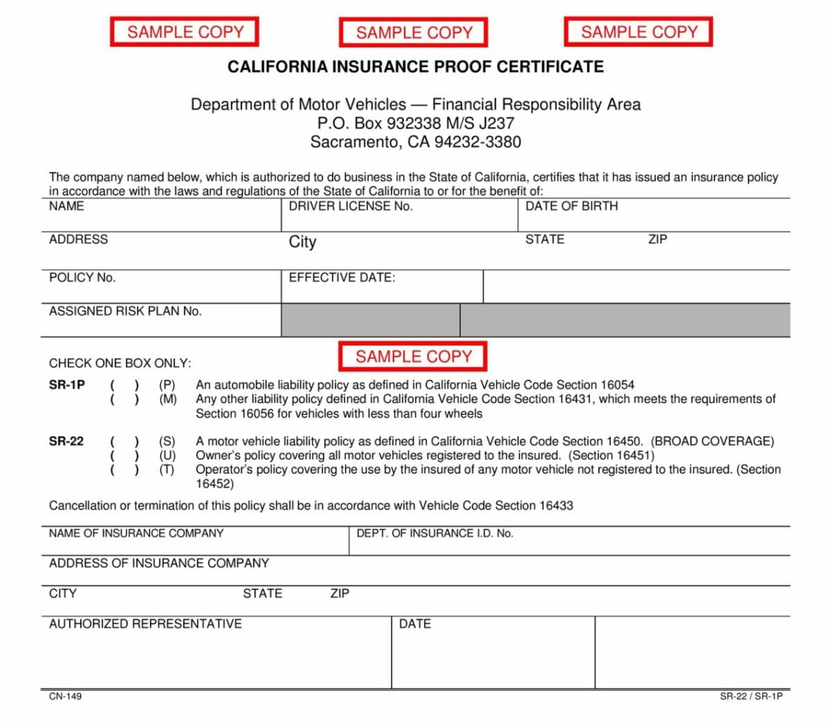 California SR-22 sample form showing certificate of financial responsibility